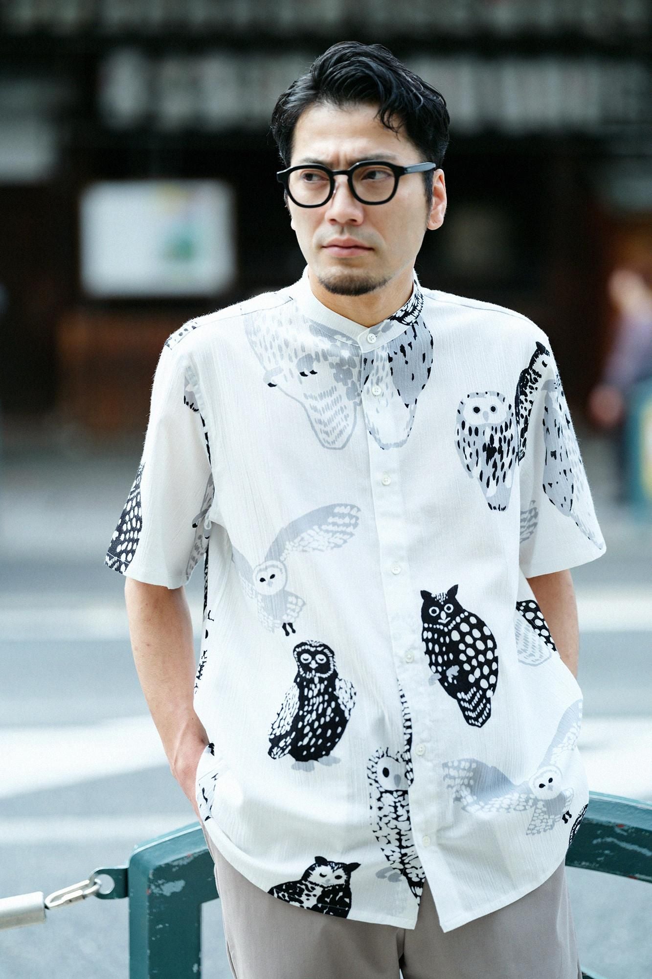 【net限定】高島縮 20/20 スタンドカラー半袖シャツ SP／ふくろう