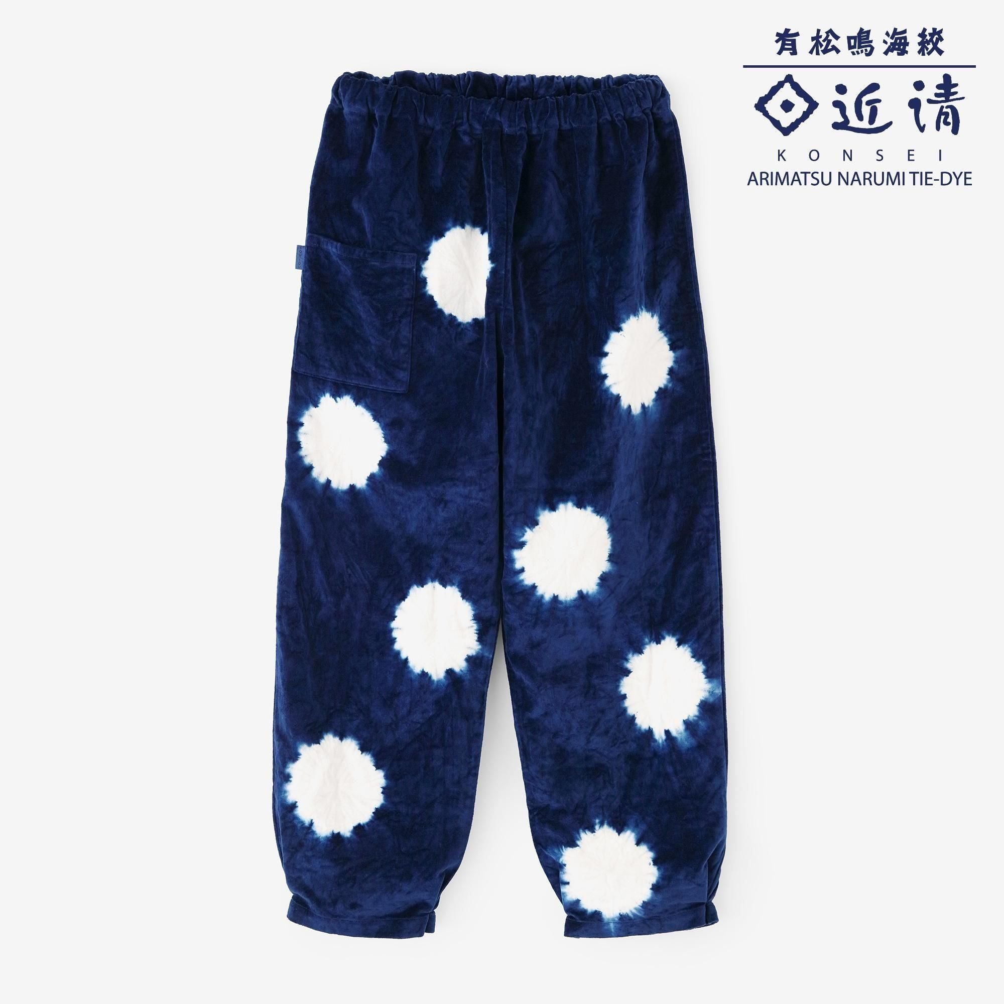 近清絞り 綿麻 天鵞絨（びろうど） 襞（ひだ）もんぺ／水玉大（みずたまだい） 紺青（こんじょう）×生白（きじろ）