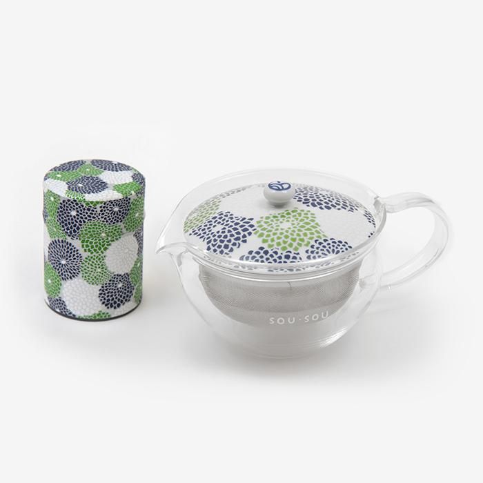 耐熱ガラス急須＆茶缶セット／菊づくし